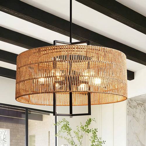 6-Light Large Boho Chandelier Dining Room Rattan Light Fixture