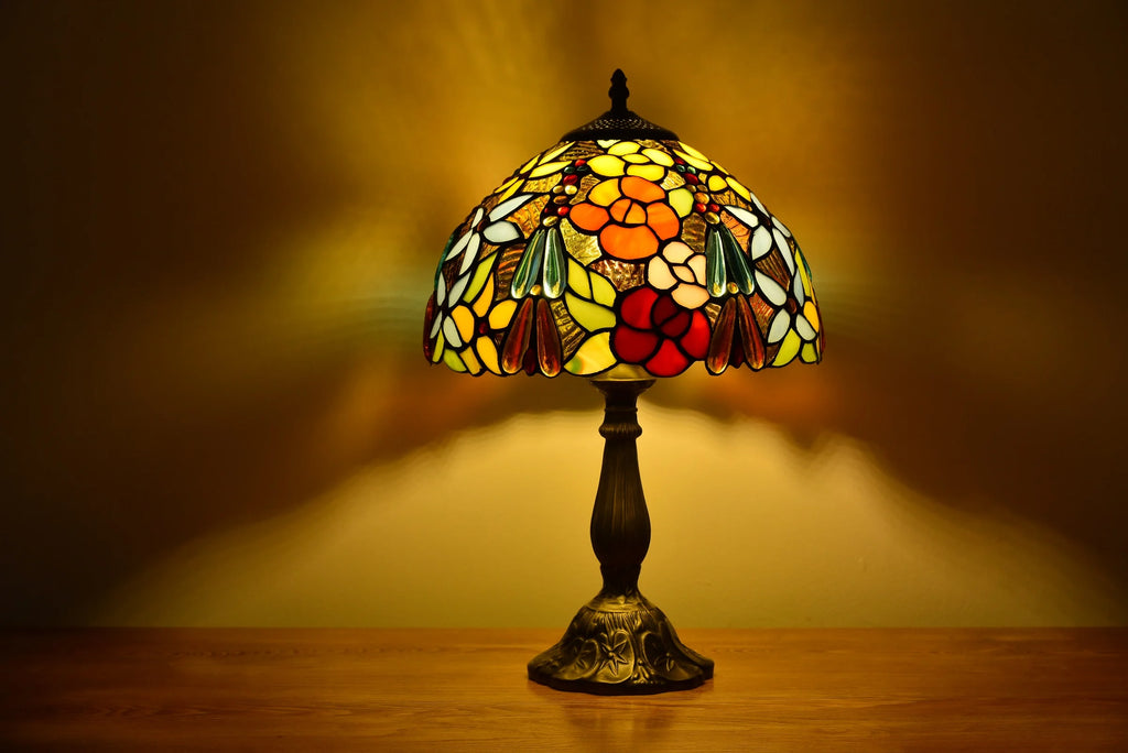 Tiffany Style Table Lamp Rose Bedside Desk LED Lamp Shades Bedroom Stained-Glass 18.1'' H Multi-Color