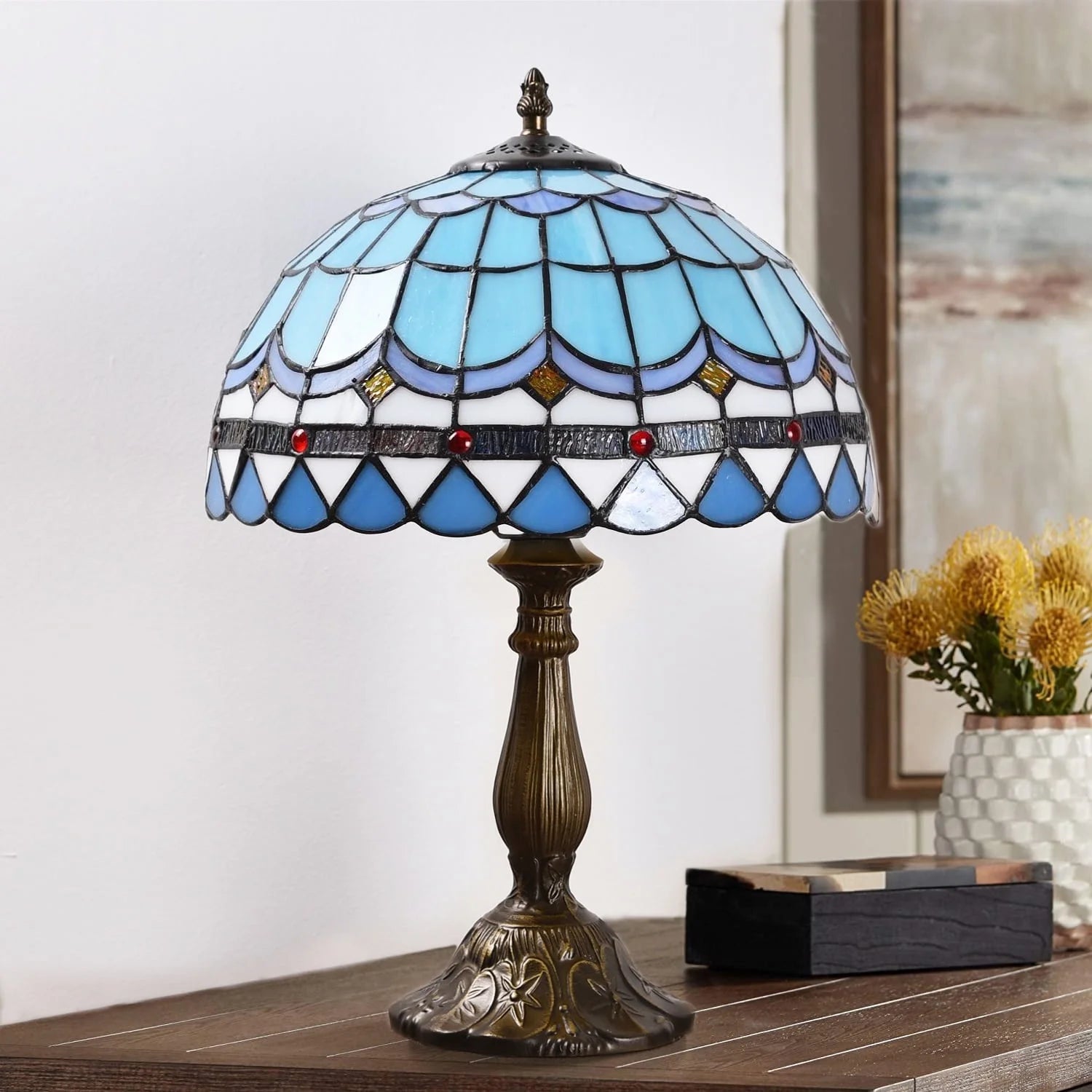 Tiffany Style Table Lamp Bedside Desk LED Lamp Shades Bedroom Stained-Glass 18.1'' H Multi-Color