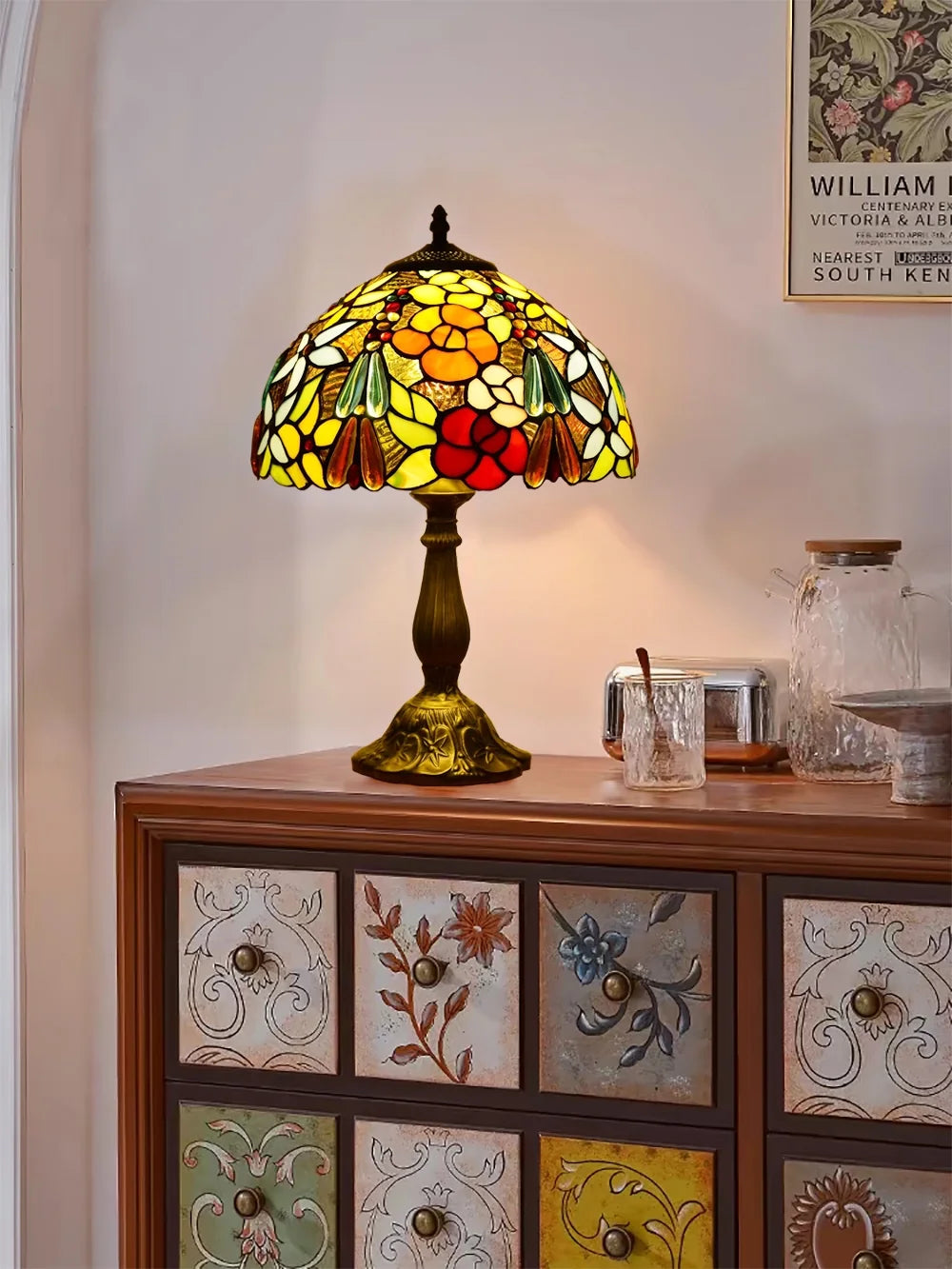 Tiffany Style Table Lamp Rose Bedside Desk LED Lamp Shades Bedroom Stained-Glass 18.1'' H Multi-Color