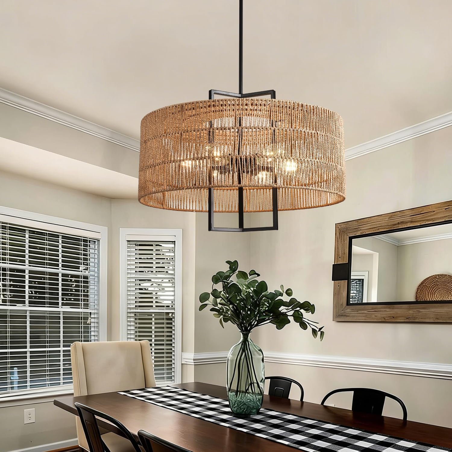 6-Light Large Boho Chandelier Dining Room Rattan Light Fixture