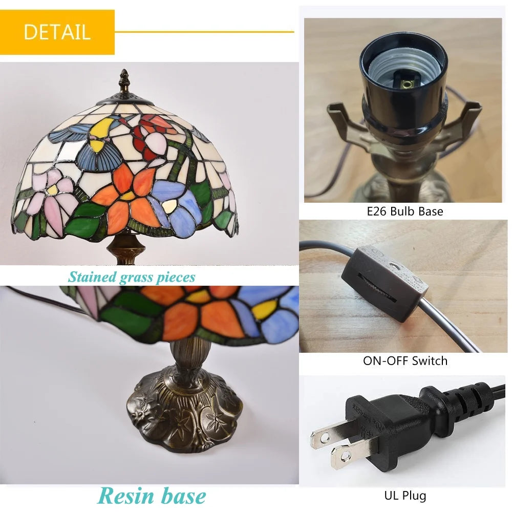 Tiffany-Style Hummingbird Desk Lamp LED Table Bedside Lamp Bedroom Stained-Glass 18.1'' Height Bronze Multi-Color