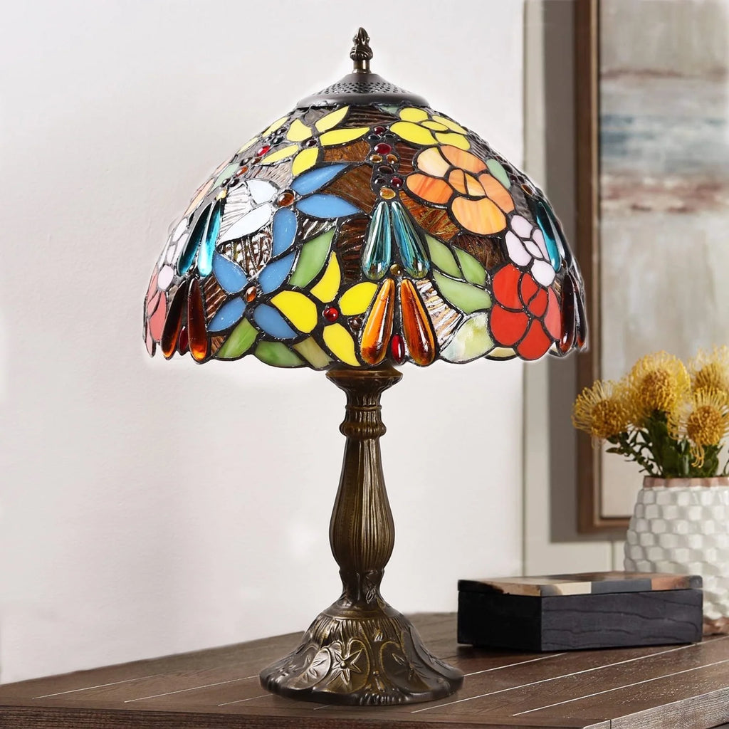 Tiffany Style Table Lamp Rose Bedside Desk LED Lamp Shades Bedroom Stained-Glass 18.1'' H Multi-Color