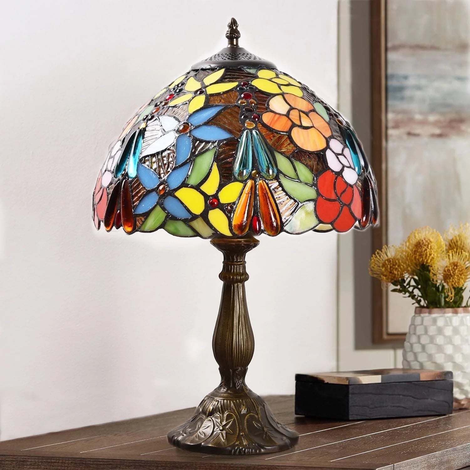 Tiffany Style Table Lamp Rose Bedside Desk LED Lamp Shades Bedroom Stained-Glass 18.1'' H Multi-Color