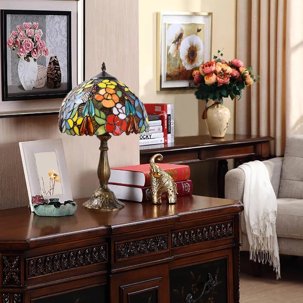 Tiffany Style Table Lamp Rose Bedside Desk LED Lamp Shades Bedroom Stained-Glass 18.1'' H Multi-Color