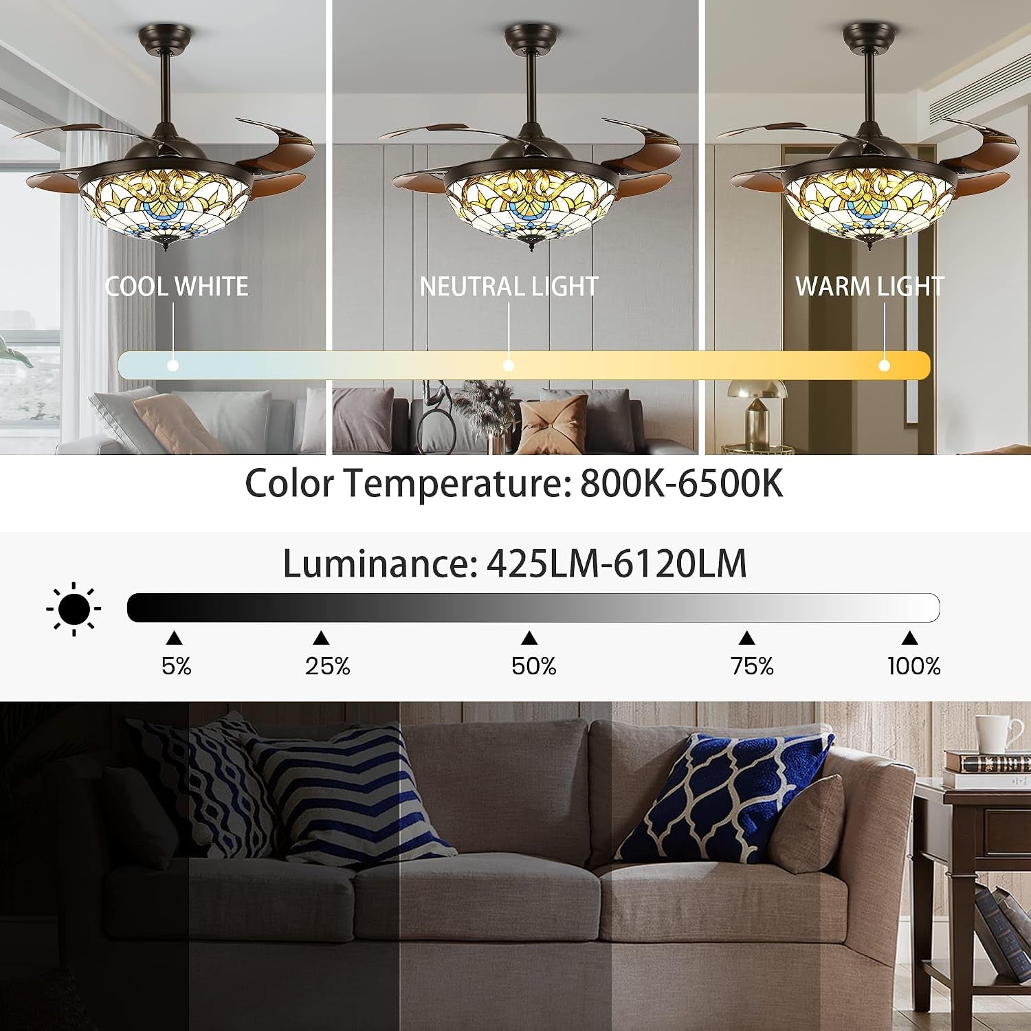 42" Tiffany Ceiling Fans with Lights Stained Glass Ceiling Fan Retractable Chandelier Fan with Remote Control Dimmable with 4 Reverse Blades for Bedroom, Living and Dining Room