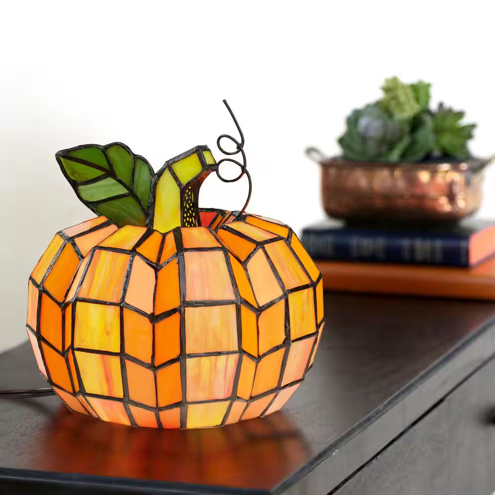 9 In. Orange Indoor Patch the Pumpkin Stained Glass Accent Lamp