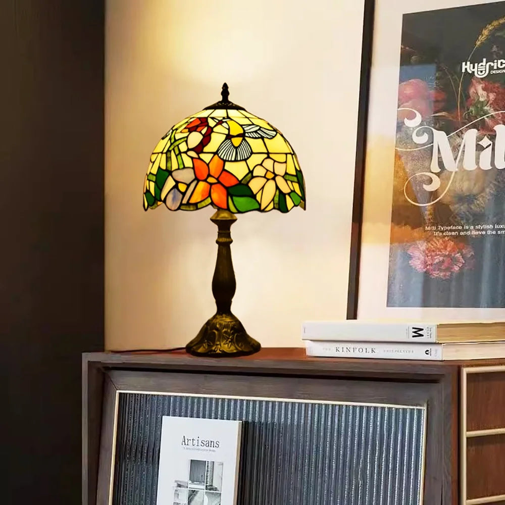 Tiffany-Style Hummingbird Desk Lamp LED Table Bedside Lamp Bedroom Stained-Glass 18.1'' Height Bronze Multi-Color