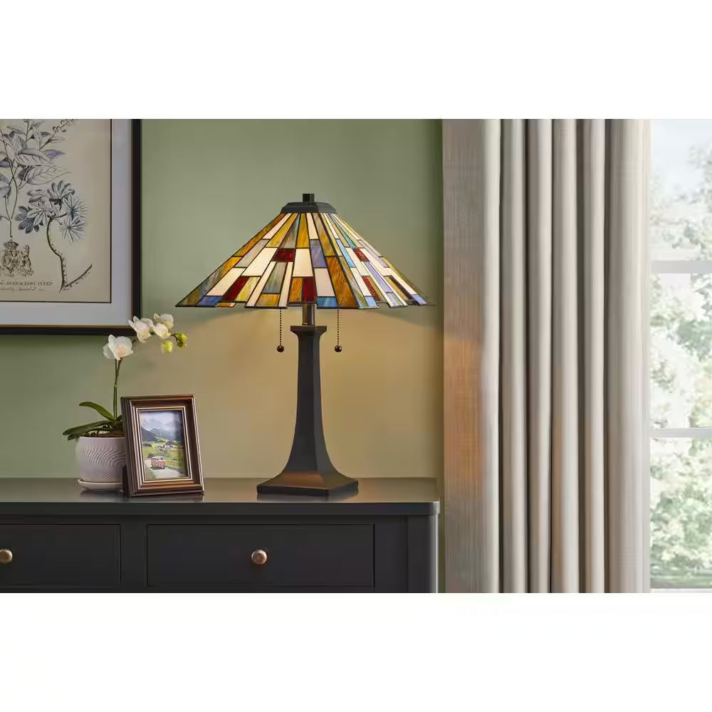 Fallsdale 24 In. 2-Light Matte Black Table Lamp with Tiffany Glass Shade