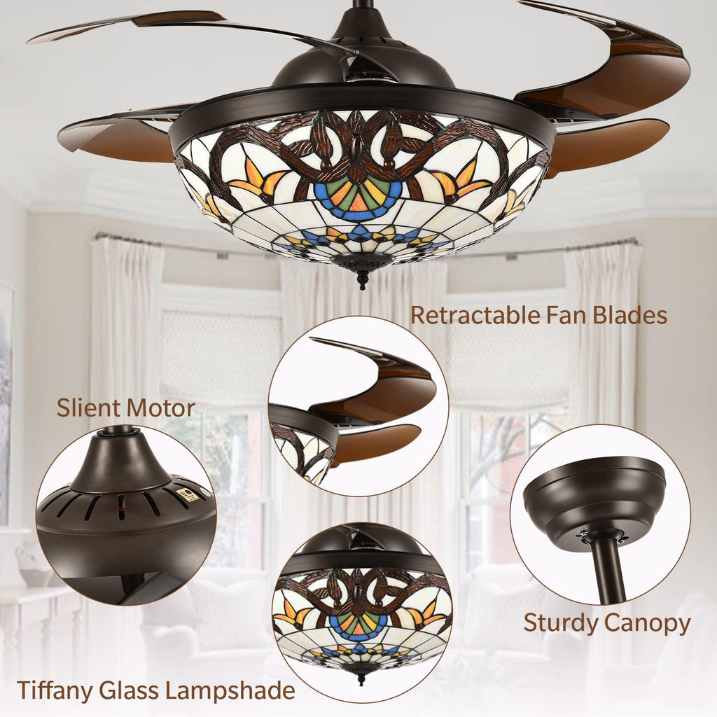 42" Tiffany Ceiling Fans with Lights Stained Glass Ceiling Fan Retractable Chandelier Fan with Remote Control Dimmable with 4 Reverse Blades for Bedroom, Living and Dining Room