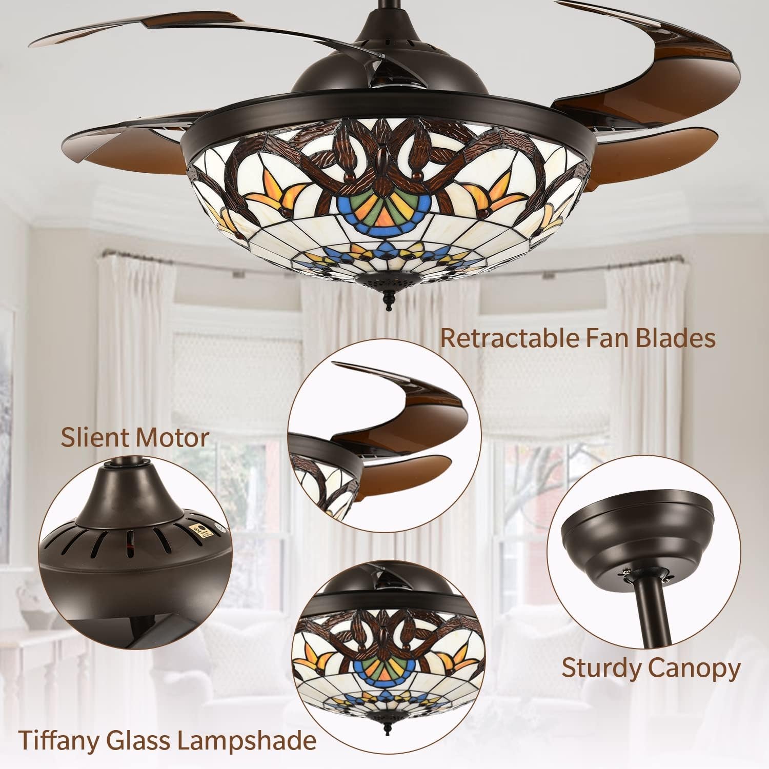 42" Tiffany Ceiling Fans with Lights Stained Glass Ceiling Fan Retractable Chandelier Fan with Remote Control Dimmable with 4 Reverse Blades for Bedroom, Living and Dining Room
