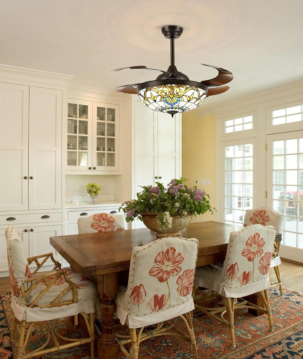 42" Tiffany Ceiling Fans with Lights Stained Glass Ceiling Fan Retractable Chandelier Fan with Remote Control Dimmable with 4 Reverse Blades for Bedroom, Living and Dining Room