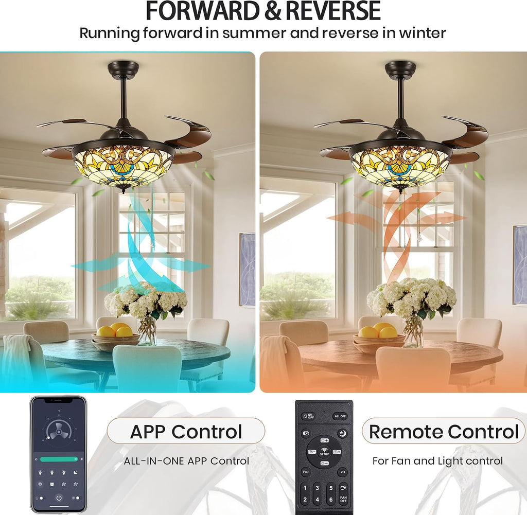 42" Tiffany Ceiling Fans with Lights Stained Glass Ceiling Fan Retractable Chandelier Fan with Remote Control Dimmable with 4 Reverse Blades for Bedroom, Living and Dining Room