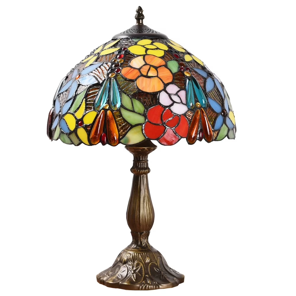 Tiffany Style Table Lamp Rose Bedside Desk LED Lamp Shades Bedroom Stained-Glass 18.1'' H Multi-Color