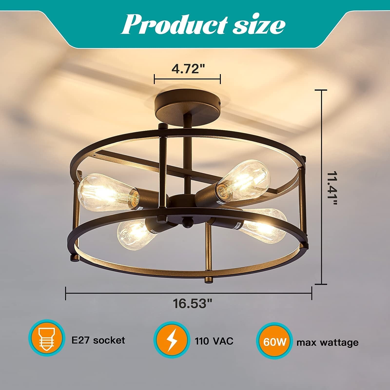 Industrial Semi Flush Mount Ceiling Light,4 Light Rustic Metal Ceiling Light ...