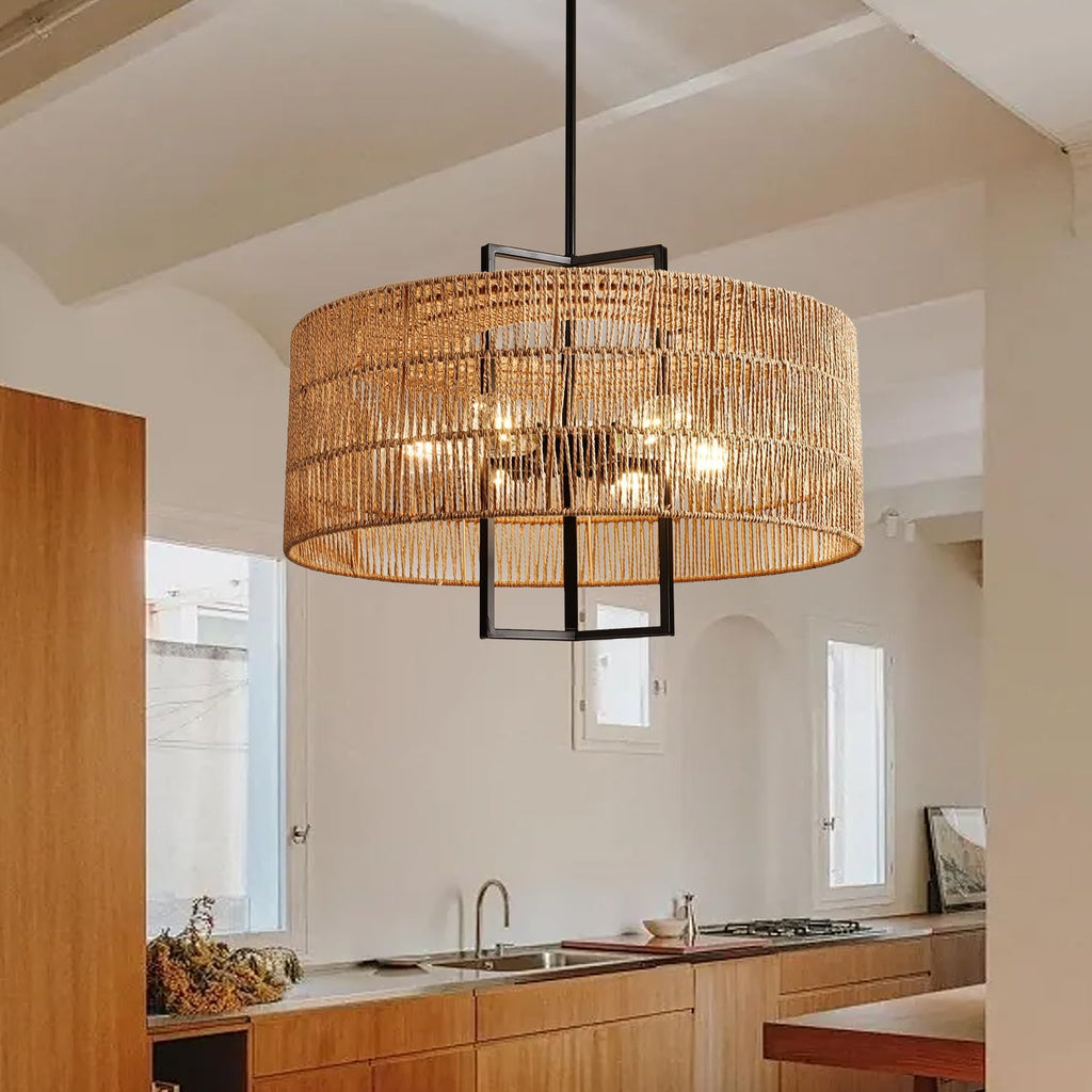 6-Light Large Boho Chandelier Dining Room Rattan Light Fixture