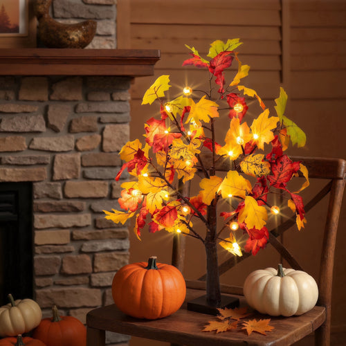 Fall Decorations for Home, 25" 24 LED Artificial Fall Maple Leaves Table Tree with Pumpkins Lights Indoor Wedding Party Autumn Thanksgiving Decor