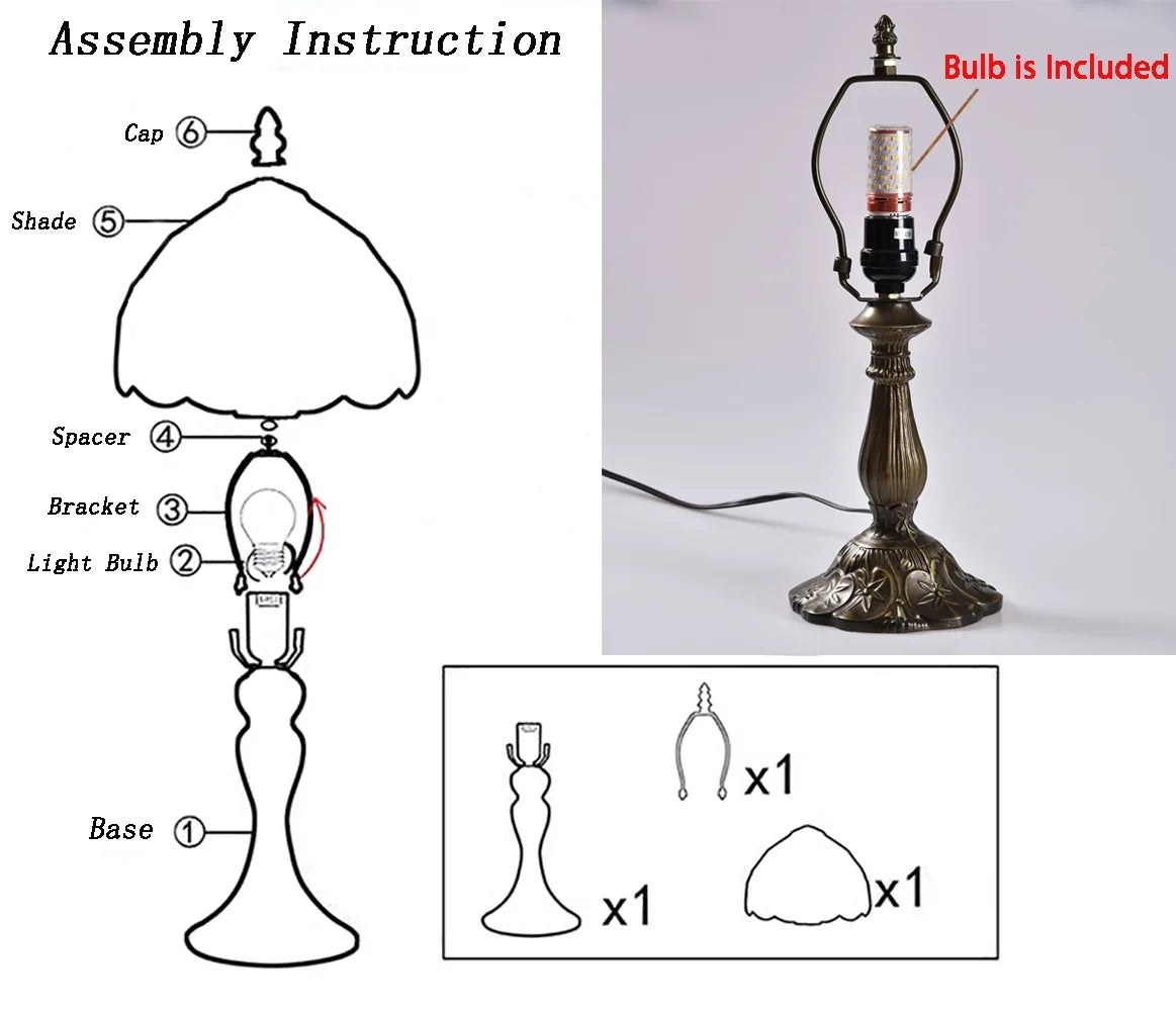 Tiffany Style Table Lamp Rose Bedside Desk LED Lamp Shades Bedroom Stained-Glass 18.1'' H Multi-Color