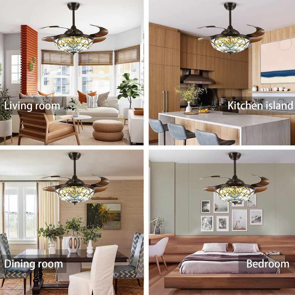 42" Tiffany Ceiling Fans with Lights Stained Glass Ceiling Fan Retractable Chandelier Fan with Remote Control Dimmable with 4 Reverse Blades for Bedroom, Living and Dining Room