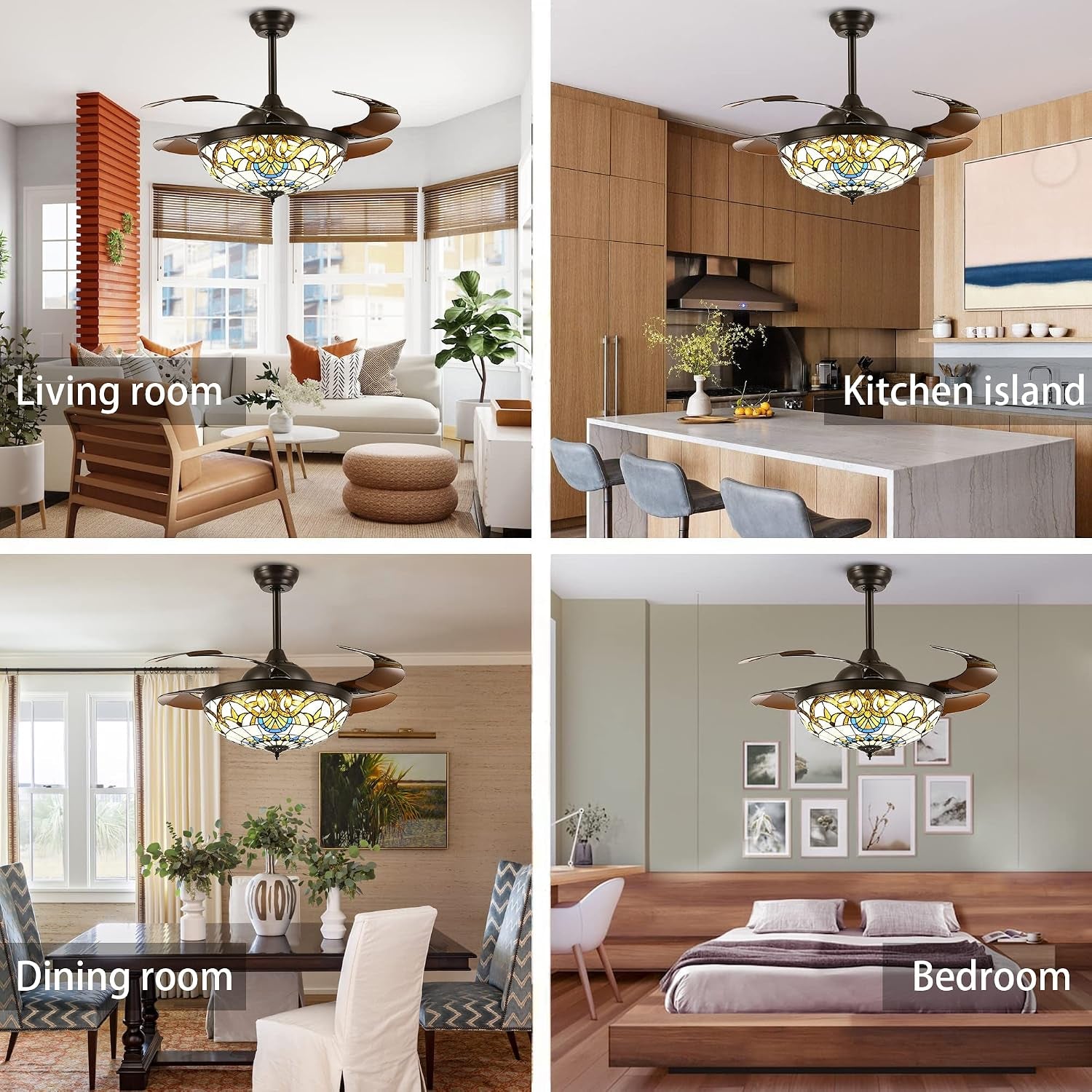 42" Tiffany Ceiling Fans with Lights Stained Glass Ceiling Fan Retractable Chandelier Fan with Remote Control Dimmable with 4 Reverse Blades for Bedroom, Living and Dining Room