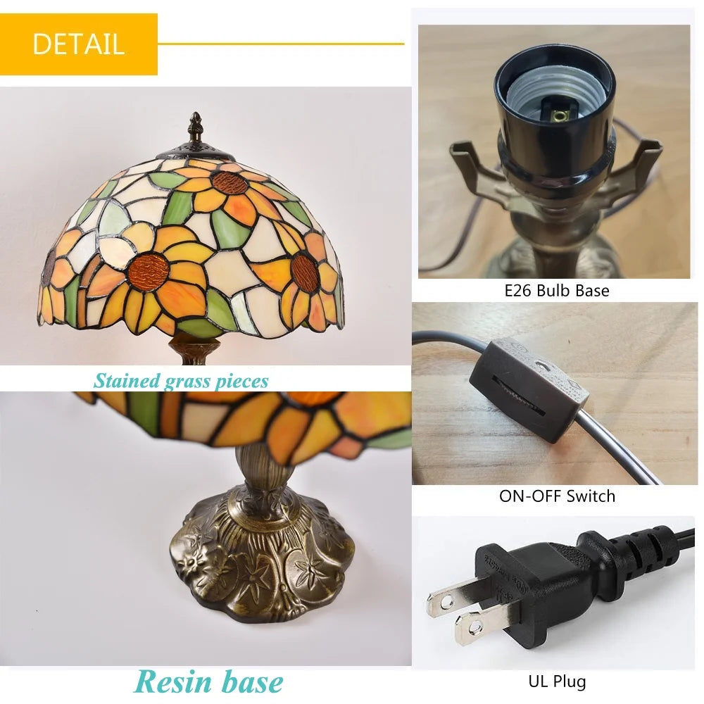 Tiffany Style Table Lamp Rose Bedside Desk LED Lamp Shades Bedroom Stained-Glass 18.1'' H Multi-Color