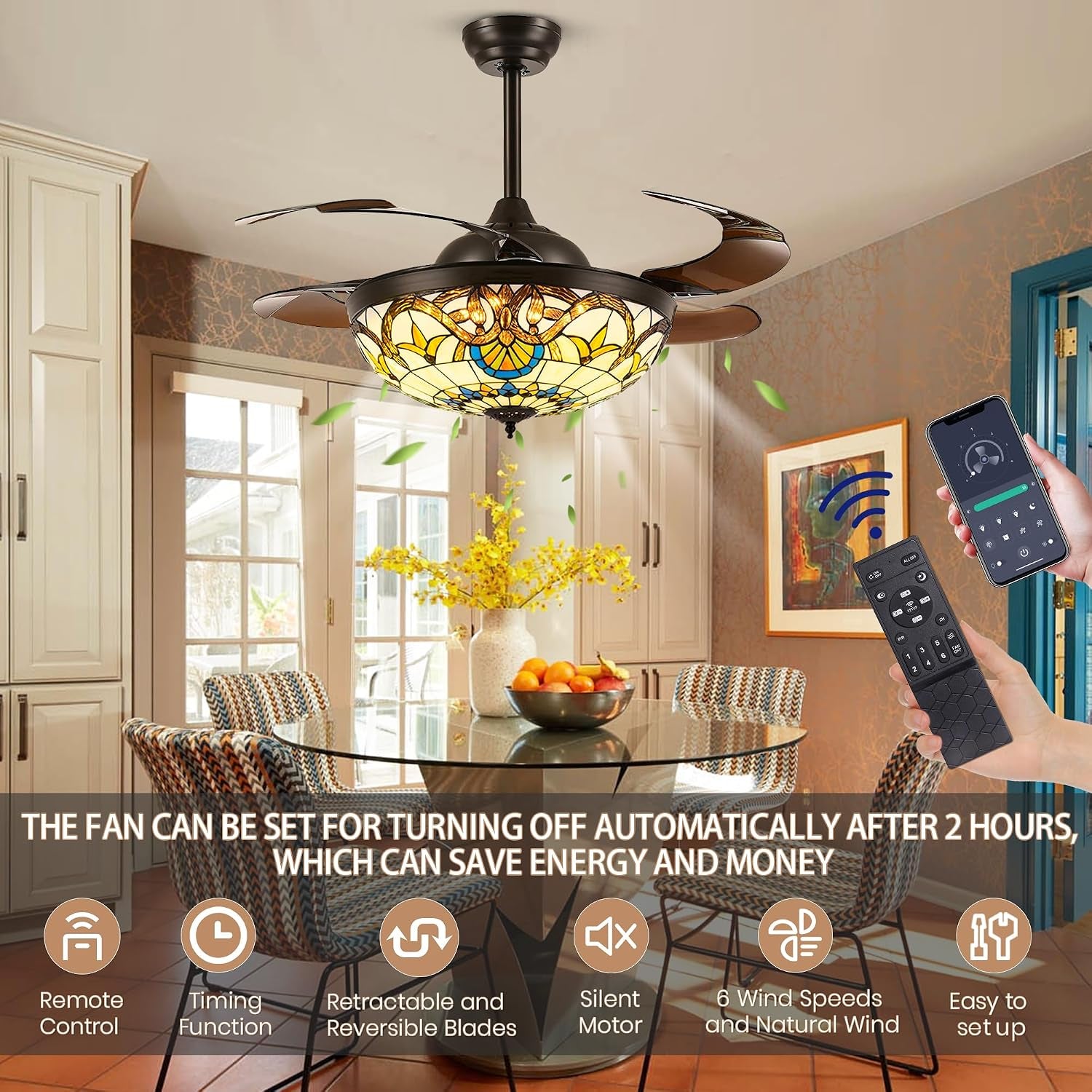 42" Tiffany Ceiling Fans with Lights Stained Glass Ceiling Fan Retractable Chandelier Fan with Remote Control Dimmable with 4 Reverse Blades for Bedroom, Living and Dining Room