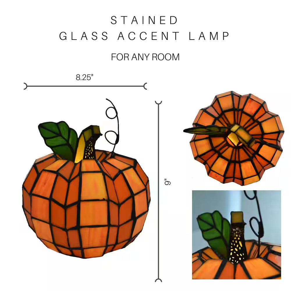 9 In. Orange Indoor Patch the Pumpkin Stained Glass Accent Lamp