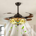 42" Tiffany Ceiling Fans with Lights Stained Glass Ceiling Fan Retractable Chandelier Fan with Remote Control Dimmable with 4 Reverse Blades for Bedroom, Living and Dining Room
