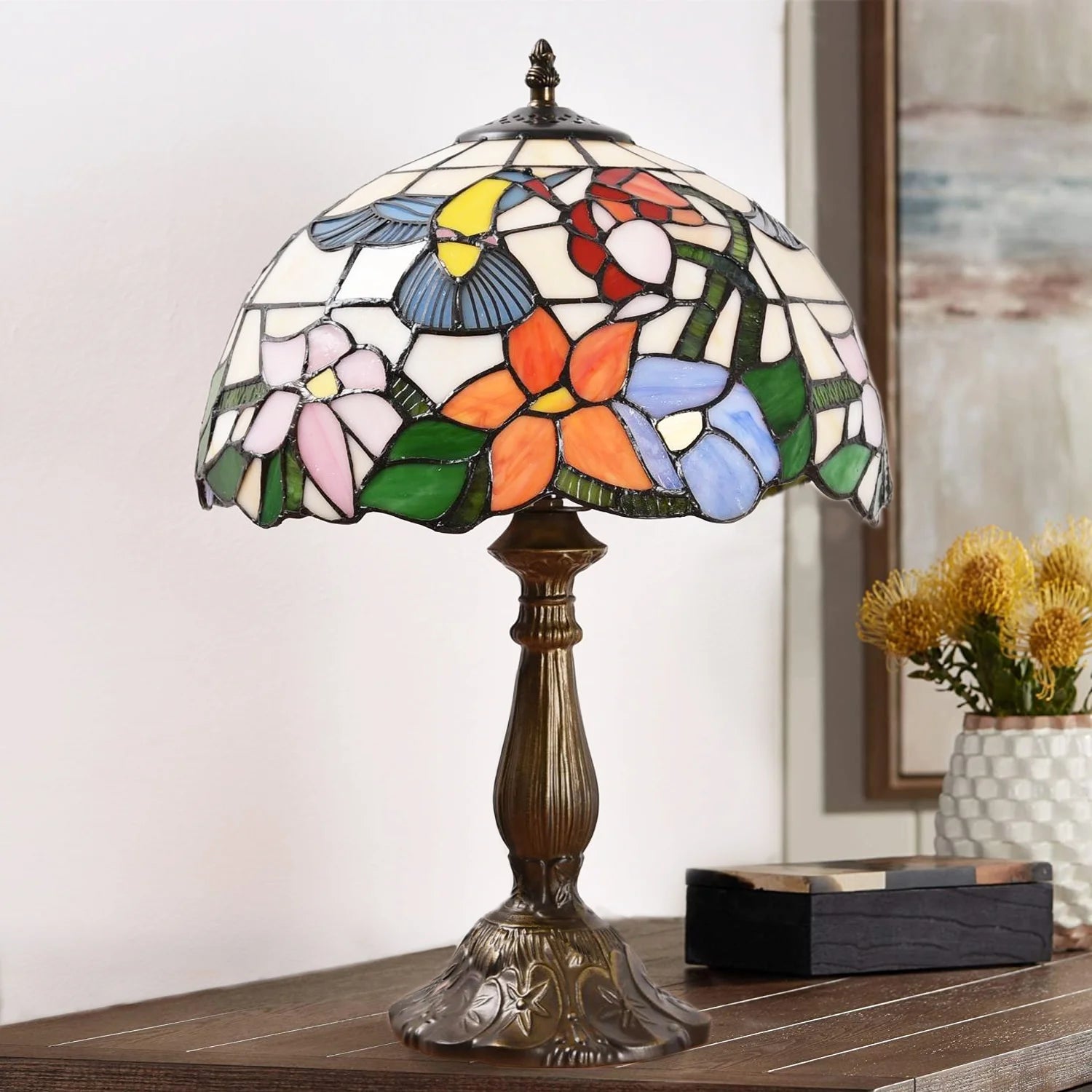 Tiffany-Style Hummingbird Desk Lamp LED Table Bedside Lamp Bedroom Stained-Glass 18.1'' Height Bronze Multi-Color