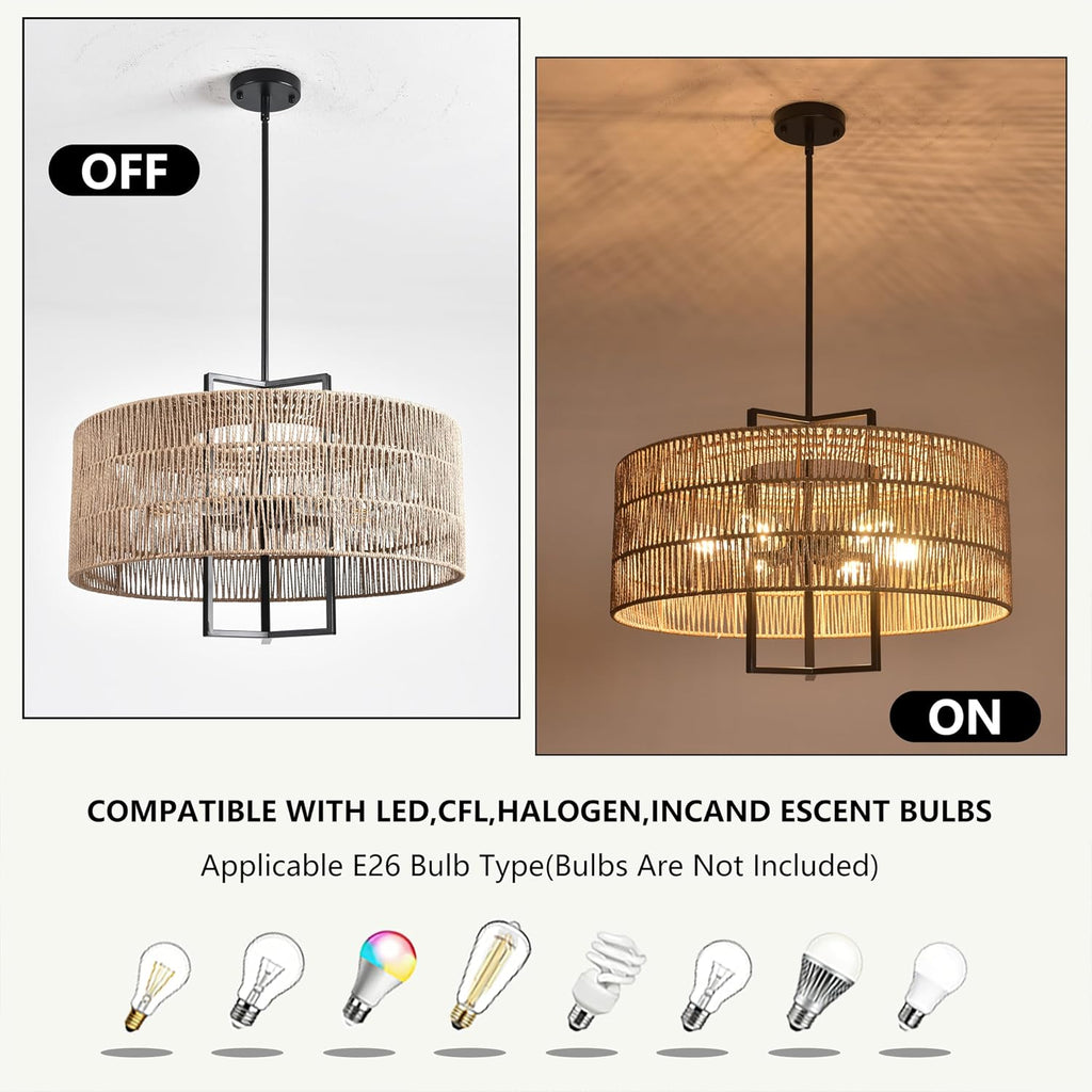 6-Light Large Boho Chandelier Dining Room Rattan Light Fixture