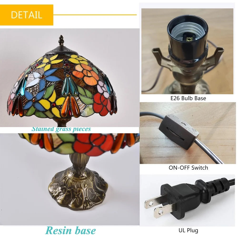 Tiffany Style Table Lamp Rose Bedside Desk LED Lamp Shades Bedroom Stained-Glass 18.1'' H Multi-Color